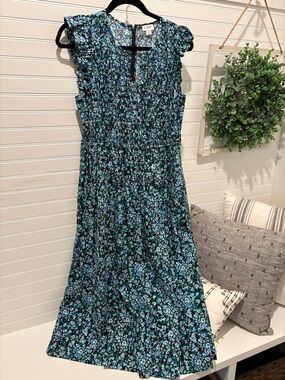 J. Crew Black Floral Smocked Midi Dress with Blue and Teal Flowers